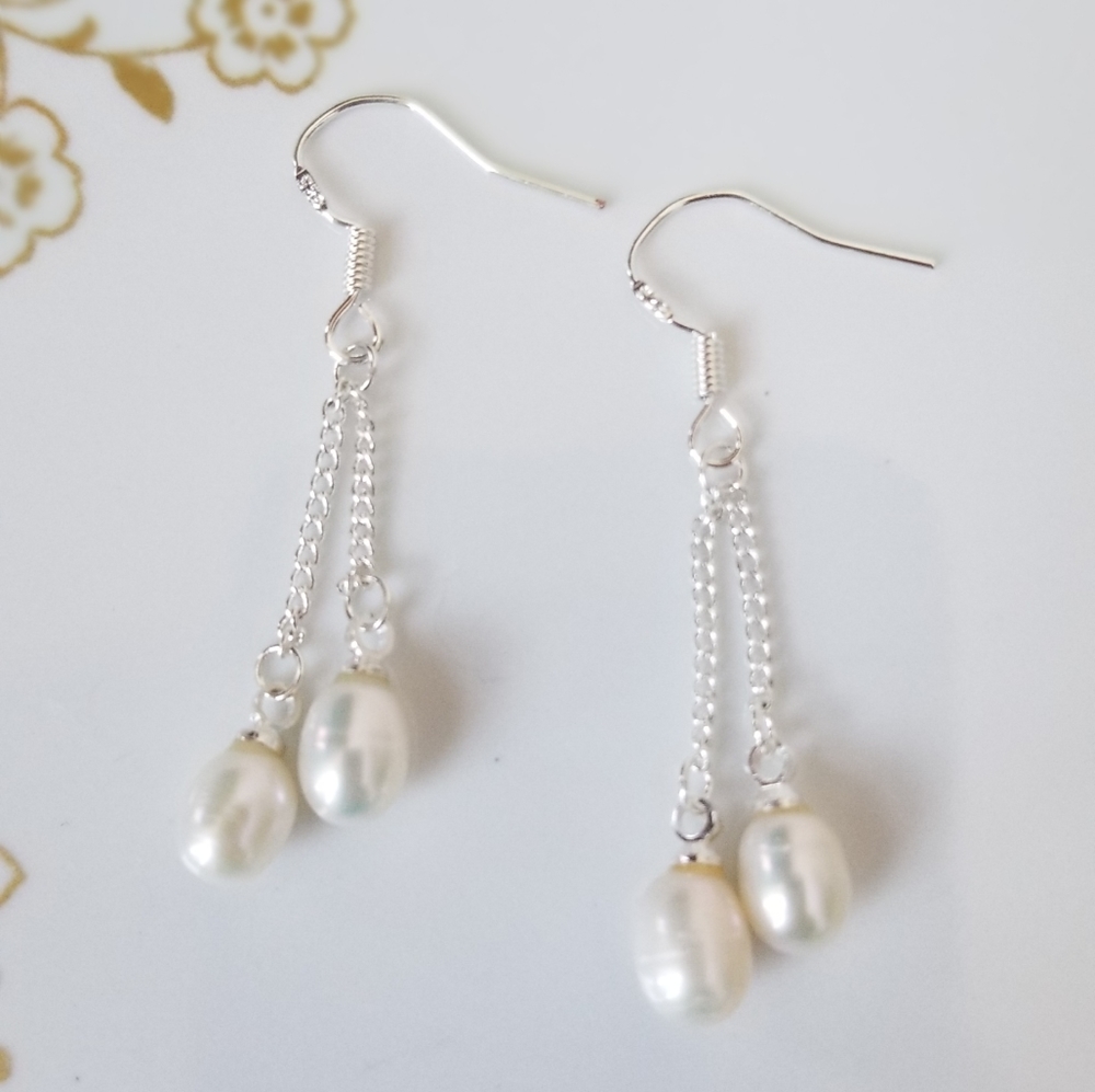 SOLD--Freshwater Pearl White 925 Silver Earrings *NWT - Picture 2 of 5